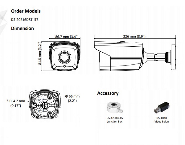 Các chi tiết kỹ thuật chính của camera Hikvision DS-2CE16D8T-IT5