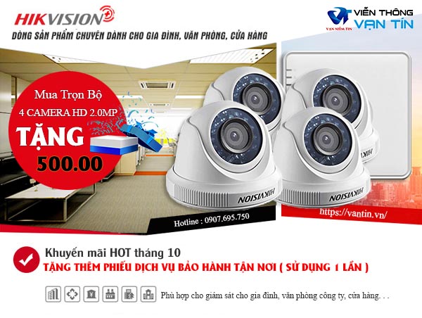 Trọn bộ 4 camera Hikvision 2.0MP HD 1080P cho gia đình, shop, công ty