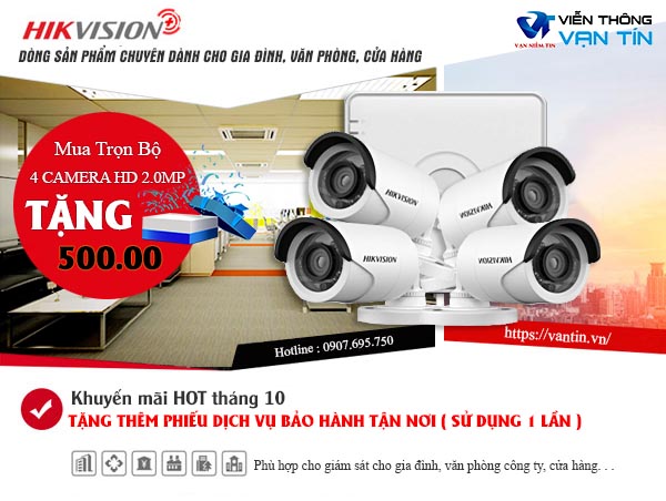 Trọn bộ 4 camera thân HD-TVI Hikvision 2.0MP HD 1080P cho gia đình, shop, công ty