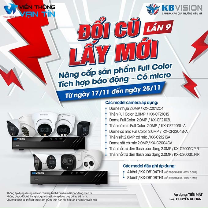 KBVISION Đổi Cũ Lấy Mới Lần 9 - Nâng Cấp Camera Full Color - Có MIC - Báo Động