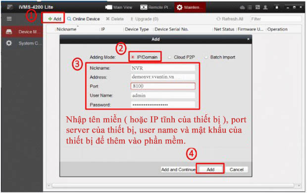Thêm thiết bị vào iVMS 4200 Lite bằng IP
