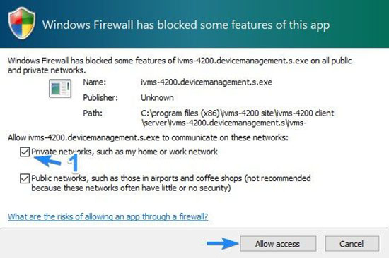 Cho phép iVMS-4200.topology.s.exe kết nối firewall