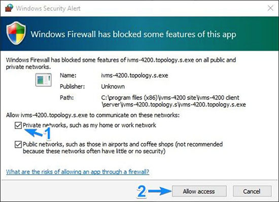 Cho phép iVMS-4200.topology.s.exe kết nối với firewall