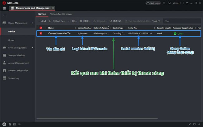 Kết quả sau khi thêm thiết bị bằng tên miền IP/Domain