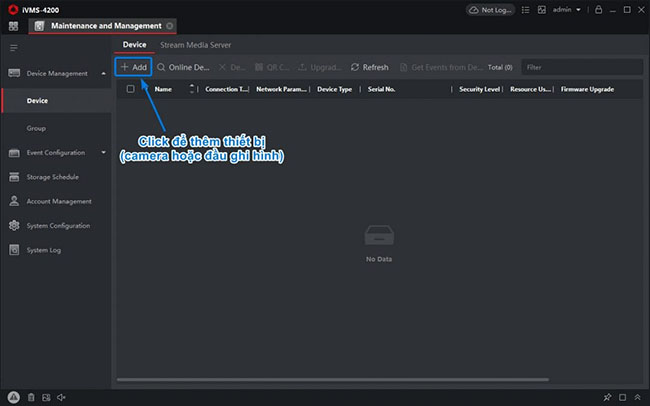 Click nút Add để thêm thiết bị camera hoặc đầu ghi DVR NVR