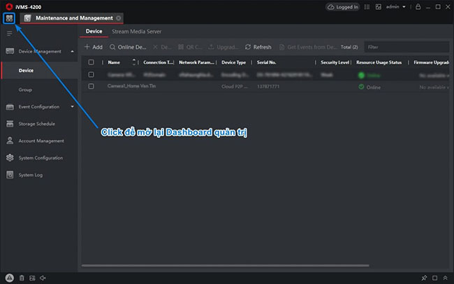 Mở Dashboard quản trị camera và thiết bị
