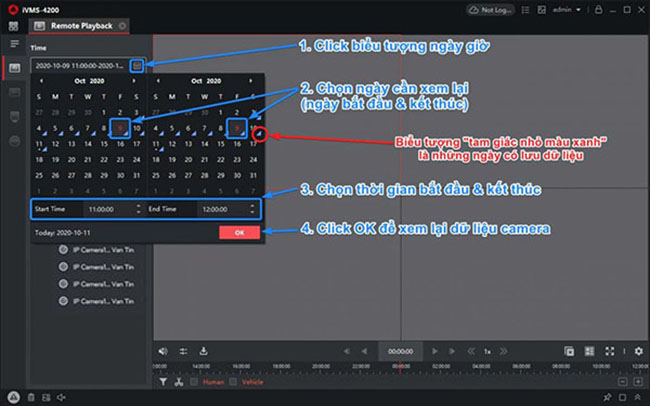 Chọn thời gian cần xem lại dữ liệu camera Hikvision