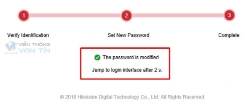 Màn hình thông báo thành công khôi phục mật khẩu đầu ghi Hikvision