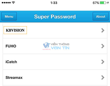 Chọn Kbvision cctv super password trên android