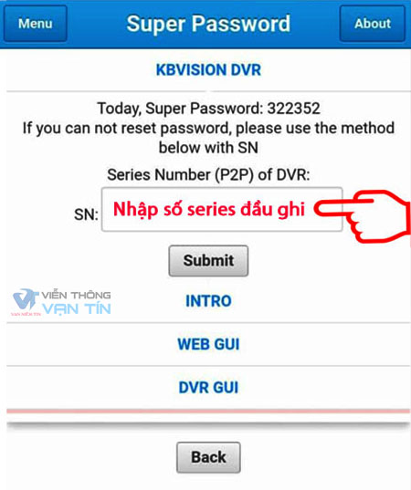 Nhập series Ứng dụng cctv super password trên android