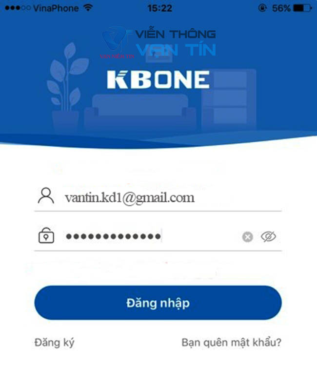 Giao diện đăng nhập ứng dụng xem camera KBONE trên điện thoại