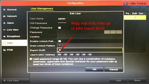 Nhập mật khẩu hiện tại và bấm Export GUID