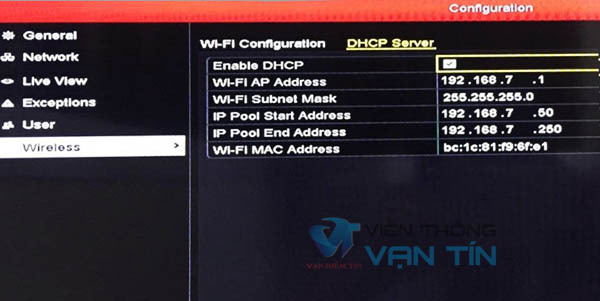 Kiểm tra dhcp trên đầu ghi - configuration wireless