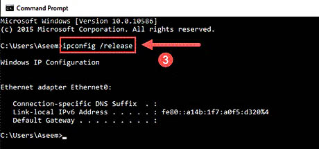 gõ câu lệnh xóa địa chỉ IP hiện tại: "ipconfig /release"
