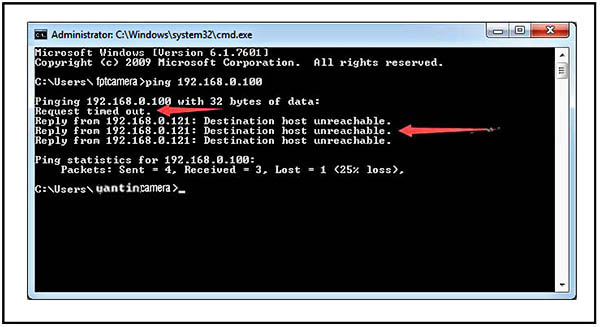 nhập lệnh ping cameraIPaddress –t