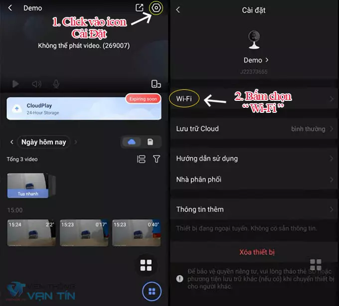 Truy cập vào App EZVIZ bấm vào biểu tượng " Cài đặt " ⇒  Chọn mục " Wi-Fi "
