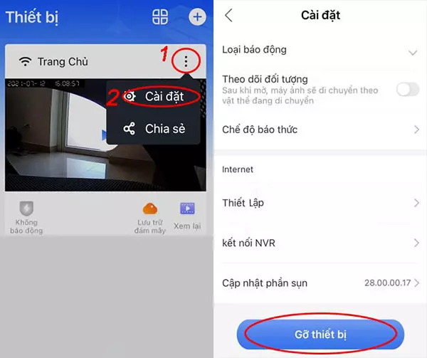 Gỡ cài đặt camera trên ứng dụng xem camera Yoosee