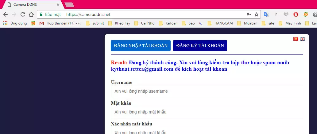 Thông báo đăng ký thành công