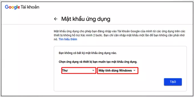 Mật khẩu ứng dụng được tạo, sử dụng mật khẩu này để thiết lập trên thiết bị Hikvision