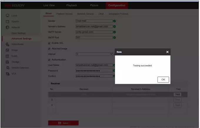 Save lại các cài đặt và chọn Test để kiểm tra cài đặt thành công chưa