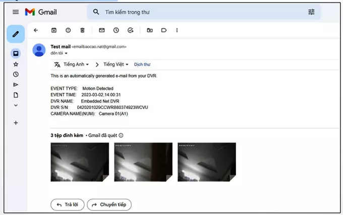 kết quả nhận được trên Email