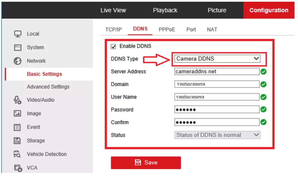 ọn chế độ đăng ký tên miền “DDNS Type” là “Camera DDNS” 