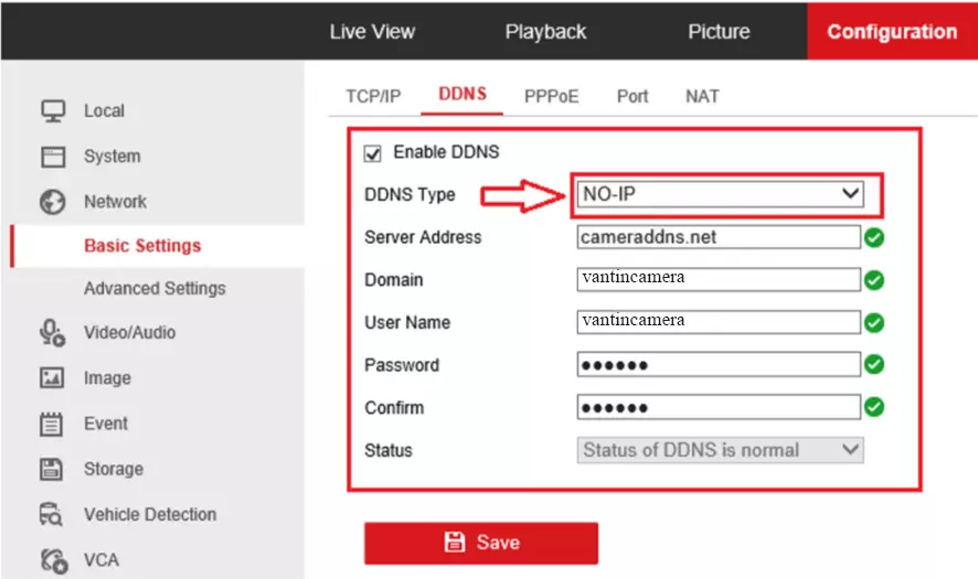 Chọn chế độ đăng ký tên miền “DDNS Type” là “NO-IP” 