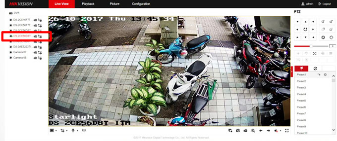 Chọn kênh camera cần điều chỉnh