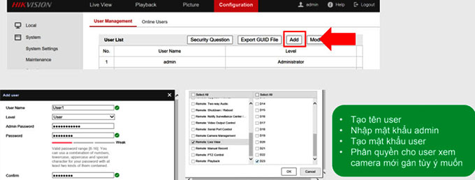 Chọn Add, tạo tên, mật khẩu và cấp quyền cho user