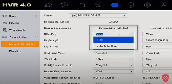 Chọn kiểu dữ liệu phù hợp cho từng camera ⇉ Có tiếng có mic