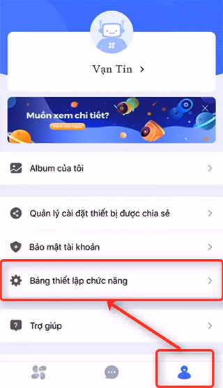 Vào mục quản lý và cài đặt tài khoản => Bảng thiết lập chức năng