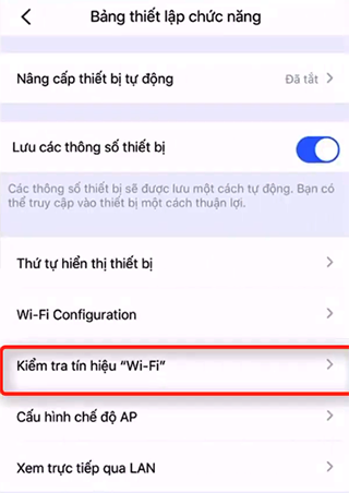 Chọn " Kiểm tra tín hiệu wifi ". Sau đó đợi cho ứng dụng kiểm tra tín hiệu sóng Wifi tại vị trí lắp đặt camera